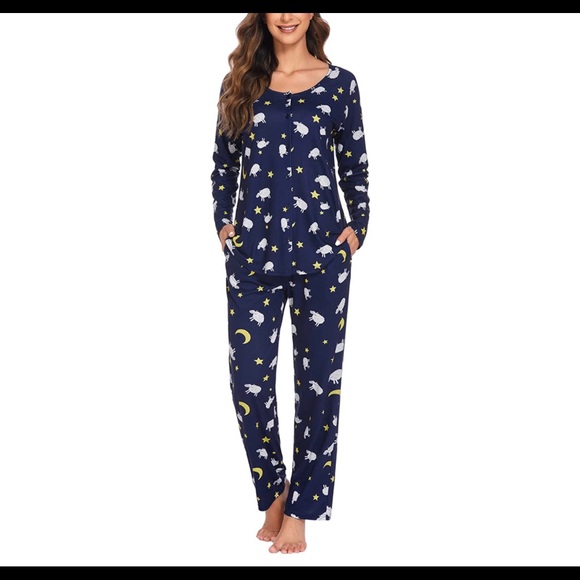 Navy moon & sheep pajama lounge set button top pull on bottom pajamas pj set - Picture 2 of 6